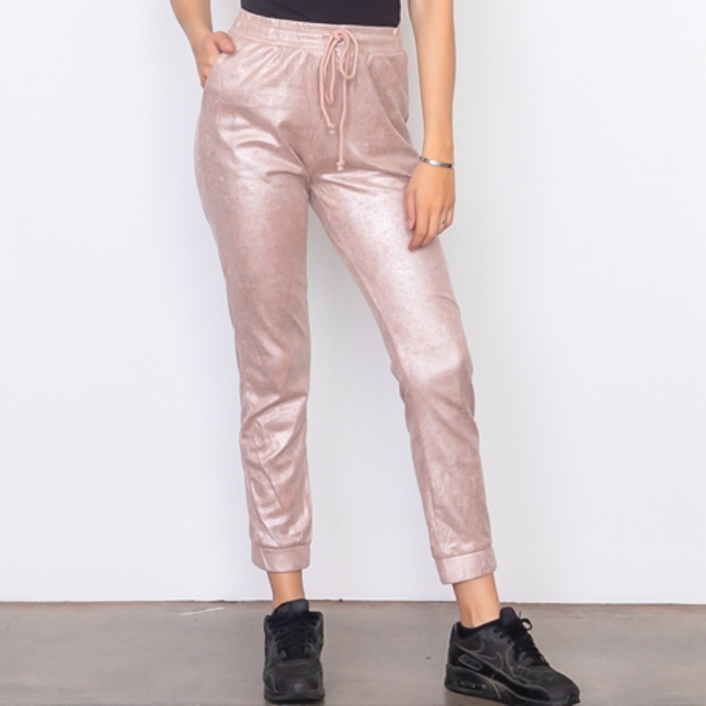 METALLIC BLUSH PINK SUEDE DRAWSTRING JOGGERS - Picture 6 of 8